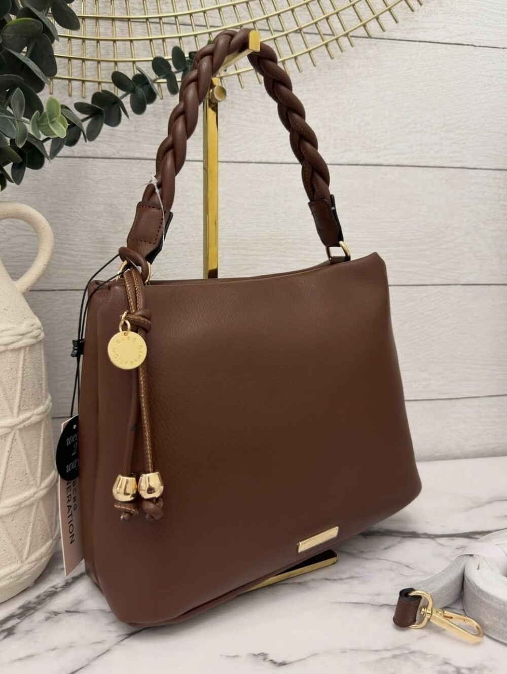 BCBGeneration Braided-Handle Chestnut Shoulder Bag with Gold Accents